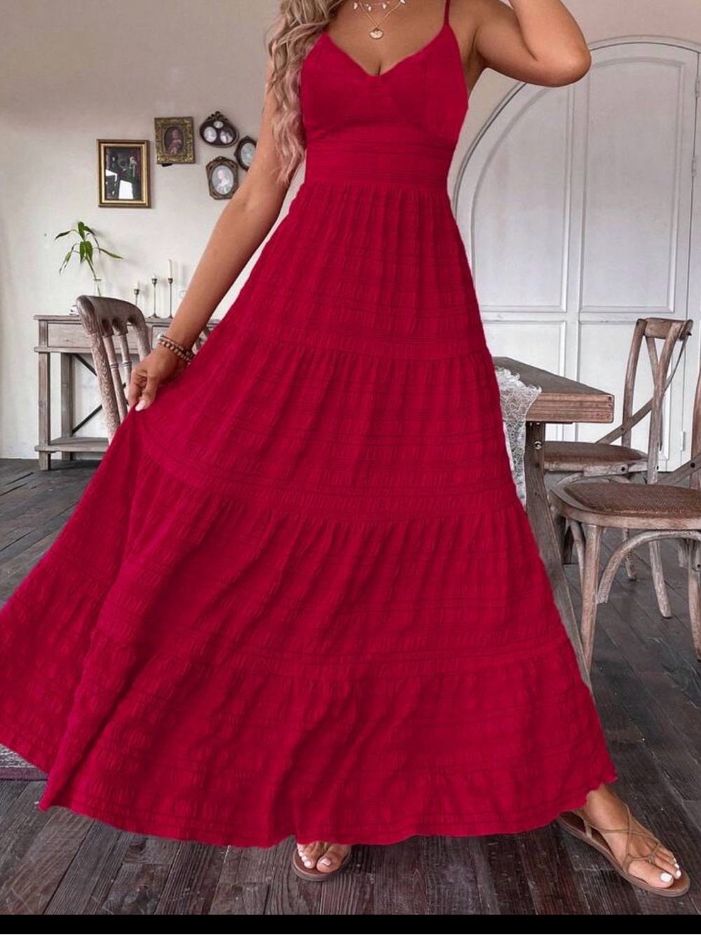 Red Tiered Maxi Dress with Spaghetti Straps